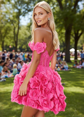 Majestic Glam Hot Pink Off the Shoulder Homecoming Dress with Flower Details Elegant Dance Night - Hot Pink - PromDressClub